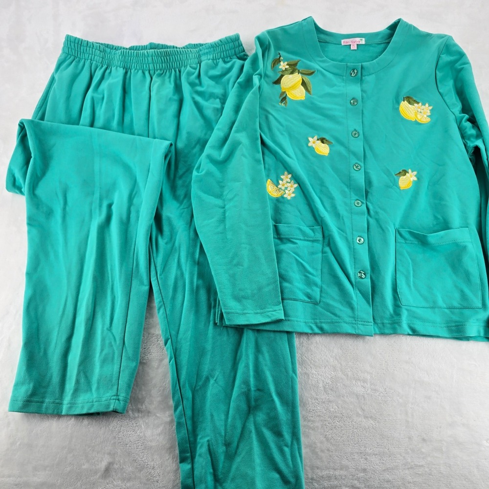 Palm Harbor Pajama Set Womens XL Lemon Embroidery Teal Green Knit Loungewear
